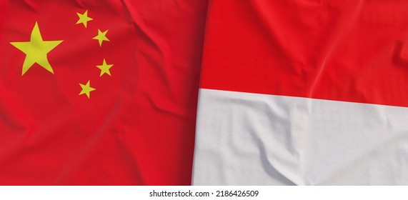 Flags Of China And Indonesia. Linen Flags Close-up. Flag Made Of Canvas. Chinese, Beijing. Jakarta. State National Symbols. 3d Illustration.