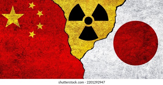 Flags Of China, Japan And Radiation Symbol Together. China And Japan Nuclear Deal, Threat, Agreement, Tensions Concept