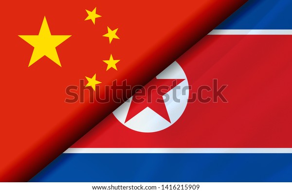 Flags of the China and North Korea divided\
diagonally. 3D\
rendering