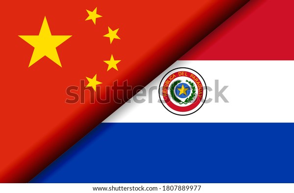 Flags of the China and Paraguay divided\
diagonally. 3D\
rendering