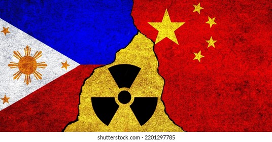 Flags Of China, Philippines And Radiation Symbol Together. Philippines And China Nuclear Deal, Threat, Agreement, Tensions Concept