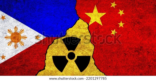 Flags of China, Philippines and radiation symbol\
together. Philippines and China Nuclear deal, threat, agreement,\
tensions concept