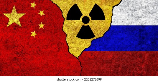 Flags Of China, Russia And Radiation Symbol Together. China And Russia Nuclear Deal, Threat, Agreement, Tensions Concept