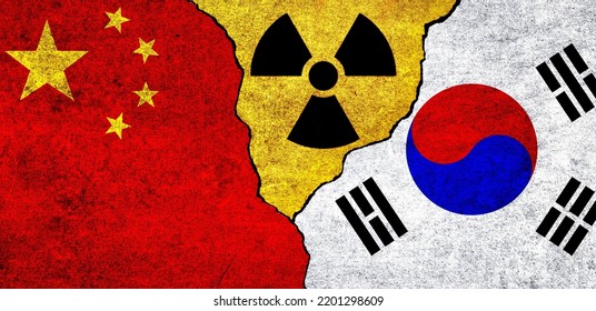 Flags Of China, South Korea And Radiation Symbol Together. South Korea And China Nuclear Deal, Threat, Agreement, Tensions Concept