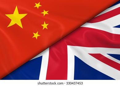Flags of China and the United Kingdom Divided Diagonally - 3D Render of the Chinese Flag and UK Flag with Silky Texture