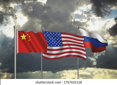 Flags Of China, United States Of America And Russia, Gloomy Clouds In The Background, Blurred Image, 3D Illustration