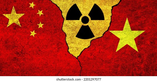 Flags Of China, Vietnam And Radiation Symbol Together. Vietnam And China Nuclear Deal, Threat, Agreement, Tensions Concept