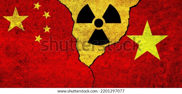 Flags\
of China, Vietnam and radiation symbol together. Vietnam and China\
Nuclear deal, threat, agreement, tensions\
concept