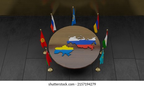 Flags of countries CSTO Collective Security Treaty Organization, Armenia, Russia, Belarus, Kazakhstan, Kyrgyzstan, Tajikistan. map Russia with color flag. 3D work and 3D illustration. Yerevan, Armenia