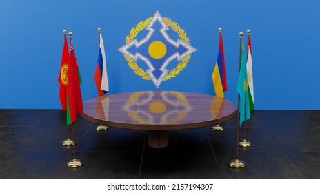 Flags of countries CSTO Collective Security Treaty Organization, Armenia, Russia, Belarus, Kazakhstan, Kyrgyzstan, Tajikistan. CSTO Summit. 3D work and 3D illustration. Yerevan, Armenia - 2022 May 17: