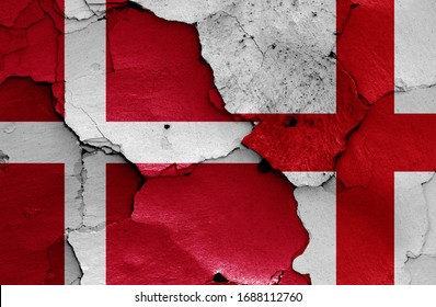 Flags Of Denmark And England Painted On Cracked Wall