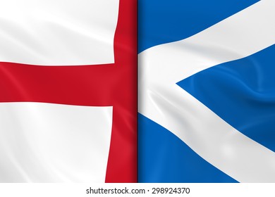 Flags Of England And Scotland Split Down The Middle - 3D Render Of The English Flag And Scottish Flag With Silky Texture