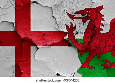 Flags Of England And Wales Painted On Cracked Wall