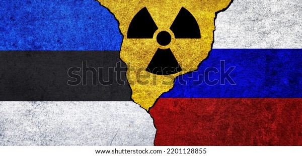 Flags of Estonia, Russia and radiation symbol\
together. Russia and Estonia Nuclear deal, threat, agreement,\
tensions concept