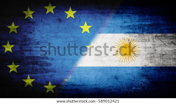 Flags\
of European Union and Argentina divided\
diagonally