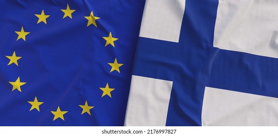 Flags of the European Union and Finland. Linen flags close-up. Flag made of canvas. EU. Finnish, Helsinki. National symbols. 3d illustration.