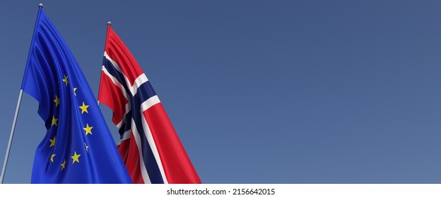 Flags Of The European Union And Norway On Flagpoles On The Side On A Blue Background. Place For Text. Flag. EU. Oslo. 3d Illustration.