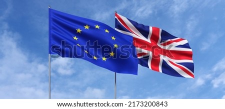 Flags of the European Union and the United Kingdom on flagpoles in the center. Flags fluttering in the wind against a blue sky. Great Britain. EU. 3d illustration. Сток-фото © 