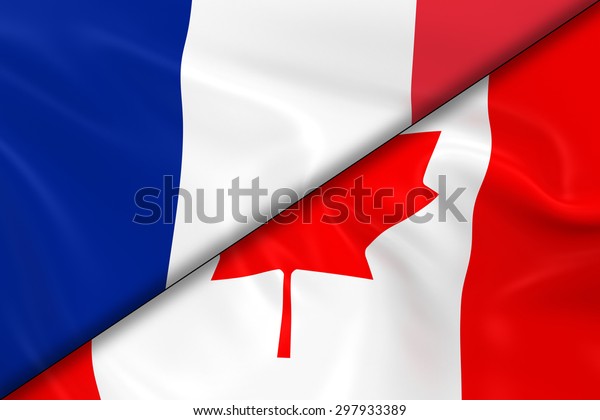 Flags of France\
and Canada Divided Diagonally - 3D Render of the French Flag and\
Canadian Flag with Silky\
Texture