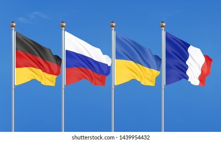 Flags of France, Germany, Russia, and Ukraine. Normandy Format meeting on eastern Ukraine. 
3D illustration on sky background. – Illustration
 - Shutterstock ID 1439954432