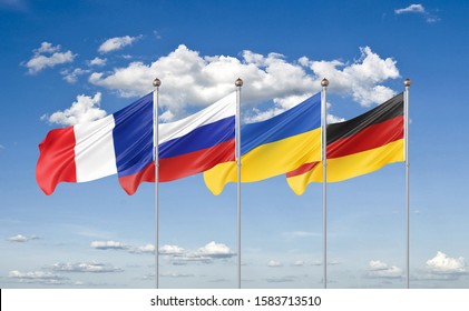 Flags Of France, Germany, Russia, And Ukraine. Normandy Format Meeting On Eastern Ukraine. 3D Illustration On Sky Background. – Illustration.