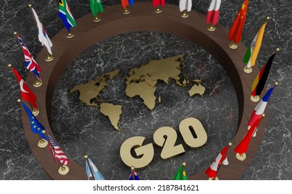 Flags G20 Membership , Concept Of The G20 Summit Or Meeting, G20 Countries , Group Of Twenty Members, 3d Illustration And 3d Work;