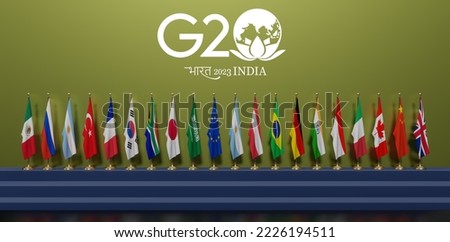 Flags G20 membership , Concept of the G20 summit or meeting, countries, Official India's G20 Logo,  summit India, G20 2023, 3d illustration and 3d work ストックフォト © 