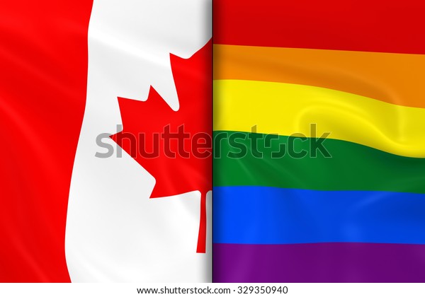 Flags of Gay Pride and Canada Split Down the\
Middle - 3D Render of the Gay Pride Rainbow Flag and the Canadian\
Flag with Silky\
Texture