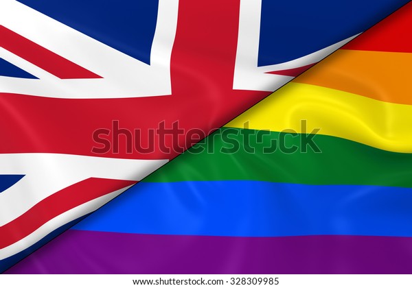 Flags of Gay Pride and the UK Divided Diagonally\
- 3D Render of the Gay Pride Rainbow Flag and the United Kingdom\
Flag with Silky\
Texture