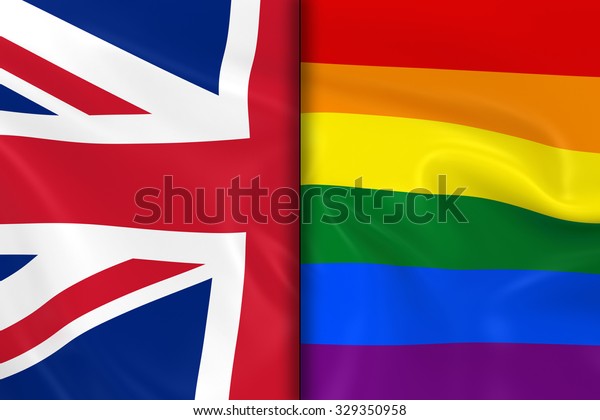 Flags of Gay Pride and the UK Split Down the\
Middle - 3D Render of the Gay Pride Rainbow Flag and the United\
Kingdom Flag with Silky\
Texture