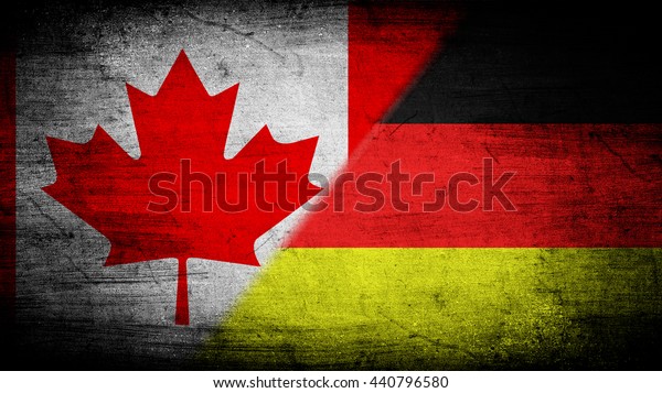 Flags of Germany\
and Canada divided\
diagonally