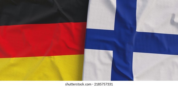 Flags of Germany and Finland. Linen flags close-up. Flag made of canvas. German, Berlin. Finnish. State national symbols. 3d illustration.