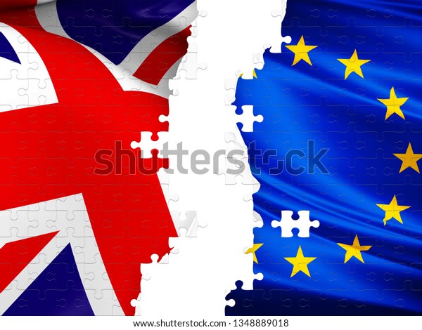 The flags of\
great Britain and the European Union are large. Britain\'s exit from\
the European Union. The United Kingdom of great Britain and the\
flag of Europe divided into\
puzzles.