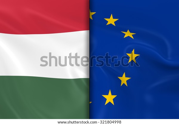 Flags of Hungary and the European Union Split\
Down the Middle - 3D Render of the Hungarian Flag and EU Flag with\
Silky Texture