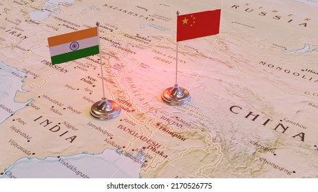 Flags Of India And China On The Map 3D Render