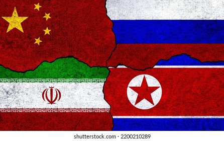 Flags Of Iran, China, Russia And North Korea On A Wall. China North Korea Iran Russia Alliance