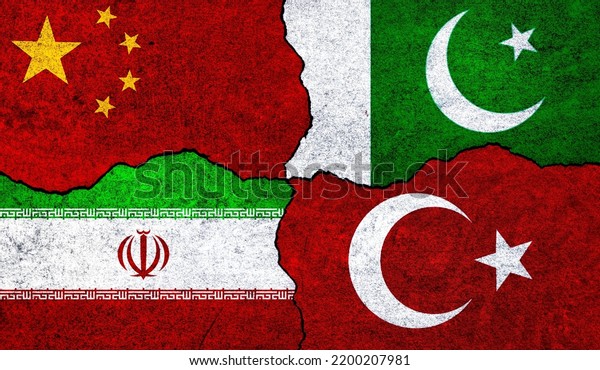 Flags of Iran, China, Turkey and Pakistan\
on a wall. China Pakistan Iran Turkey\
alliance