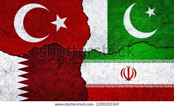 Flags of Iran, Pakistan, Turkey and Qatar\
on a wall. Pakistan Qatar Iran Turkey\
alliance