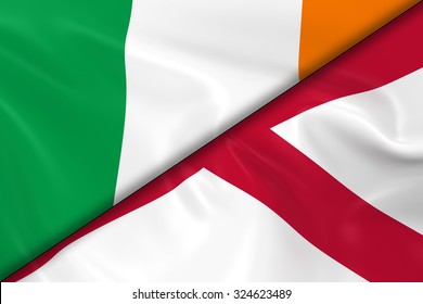 Flags of Ireland and Northern Ireland Divided Diagonally - 3D Render of the Irish Flag and Northern Irish Flag with Silky Texture