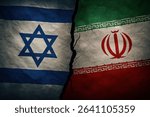 Flags of Israel and Iran face each other on a torn backdrop symbolizing ongoing political tension.