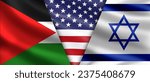 Flags of Israel and Palestine. USA state symbol. US mediation in negotiations. International relationships. USA and Palestine flag. United states support for Israel. National banners. 3d image