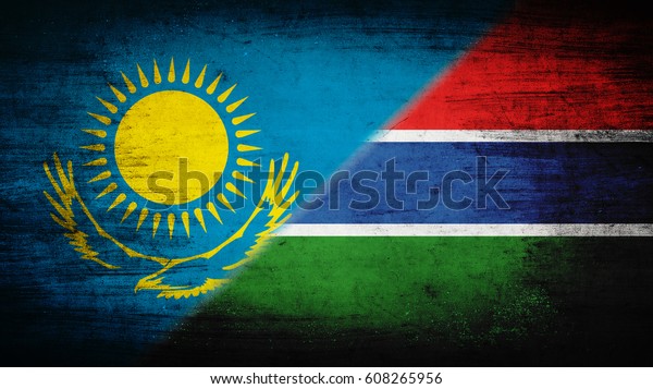 Flags of\
Kazakhstan and Gambia divided\
diagonally