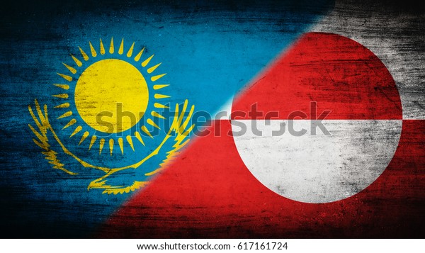 Flags of\
Kazakhstan and Greenland divided\
diagonally