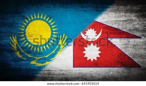 Flags of\
Kazakhstan and Nepal divided\
diagonally