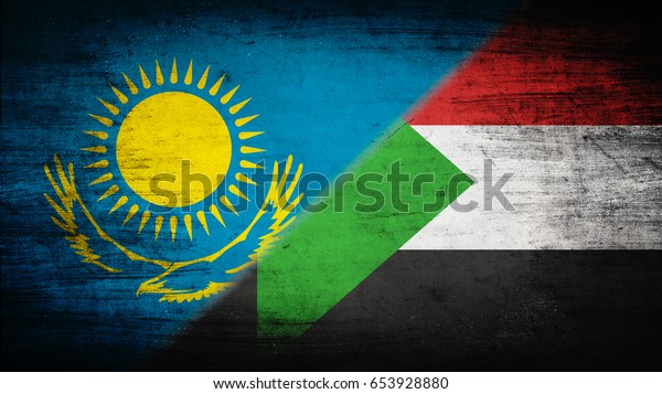 Flags of\
Kazakhstan and Sudan divided\
diagonally