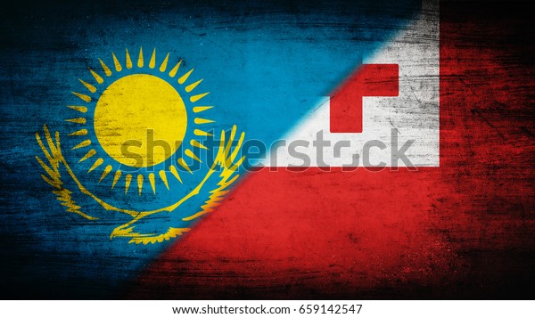 Flags of\
Kazakhstan and Tonga divided\
diagonally