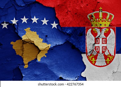 Flags Of Kosovo And Serbia Painted On Cracked Wall