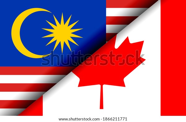 Flags of the Malaysia and Canada divided\
diagonally. 3D\
rendering