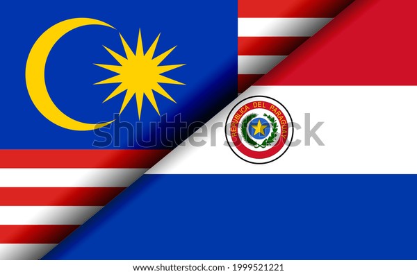 Flags of the Malaysia and Paraguay divided\
diagonally. 3D\
rendering