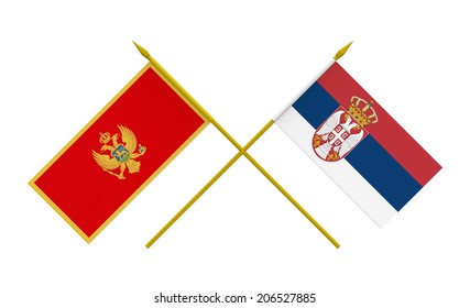 Flags Of Montenegro And Serbia, 3d Render, Isolated On White